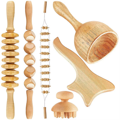 6 in 1 Wood Therapy Massage Tool Lymphatic Drainage Massager anti Cellulite Fascia Massage Roller for Full Body Muscle Relaxatio